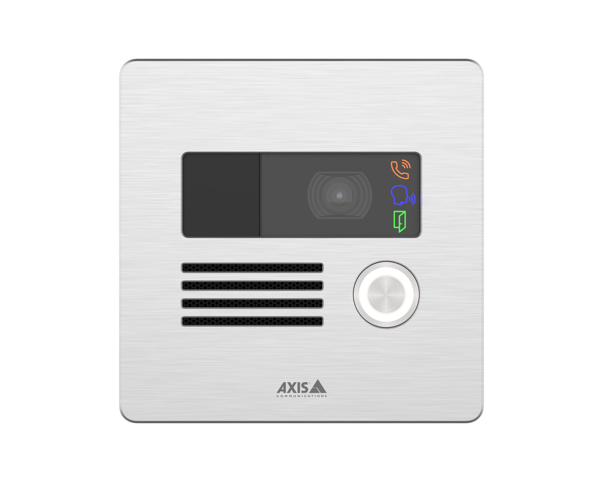 A square, brushed stainless steel AXIS network video intercom featuring a central camera lens, three status icons (call, speech, and door), a horizontal speaker grille, and a circular call button with a light ring.
