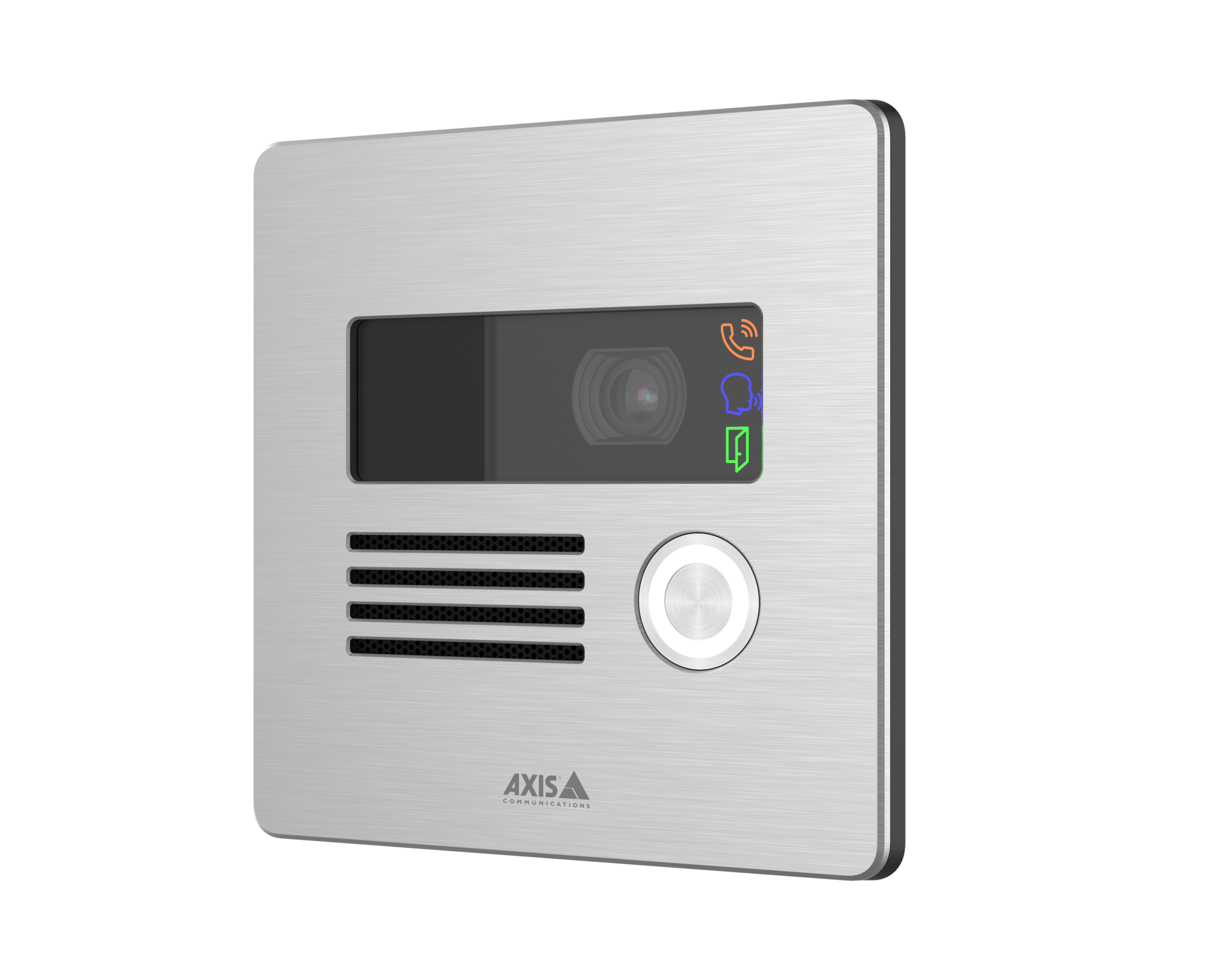 A wall-mounted AXIS I8016-LVE network video intercom in a brushed stainless steel finish, featuring a wide-angle camera lens, three status icons, a speaker grille, and a circular call button.