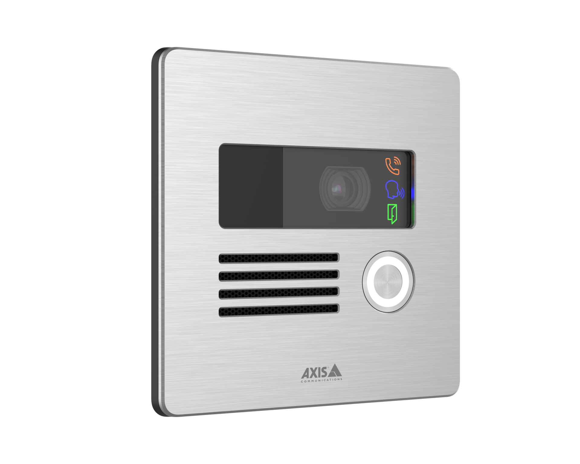 A sleek, square AXIS I8016-LVE network video intercom with a brushed stainless steel faceplate, featuring a built-in camera, call button, and status icons.