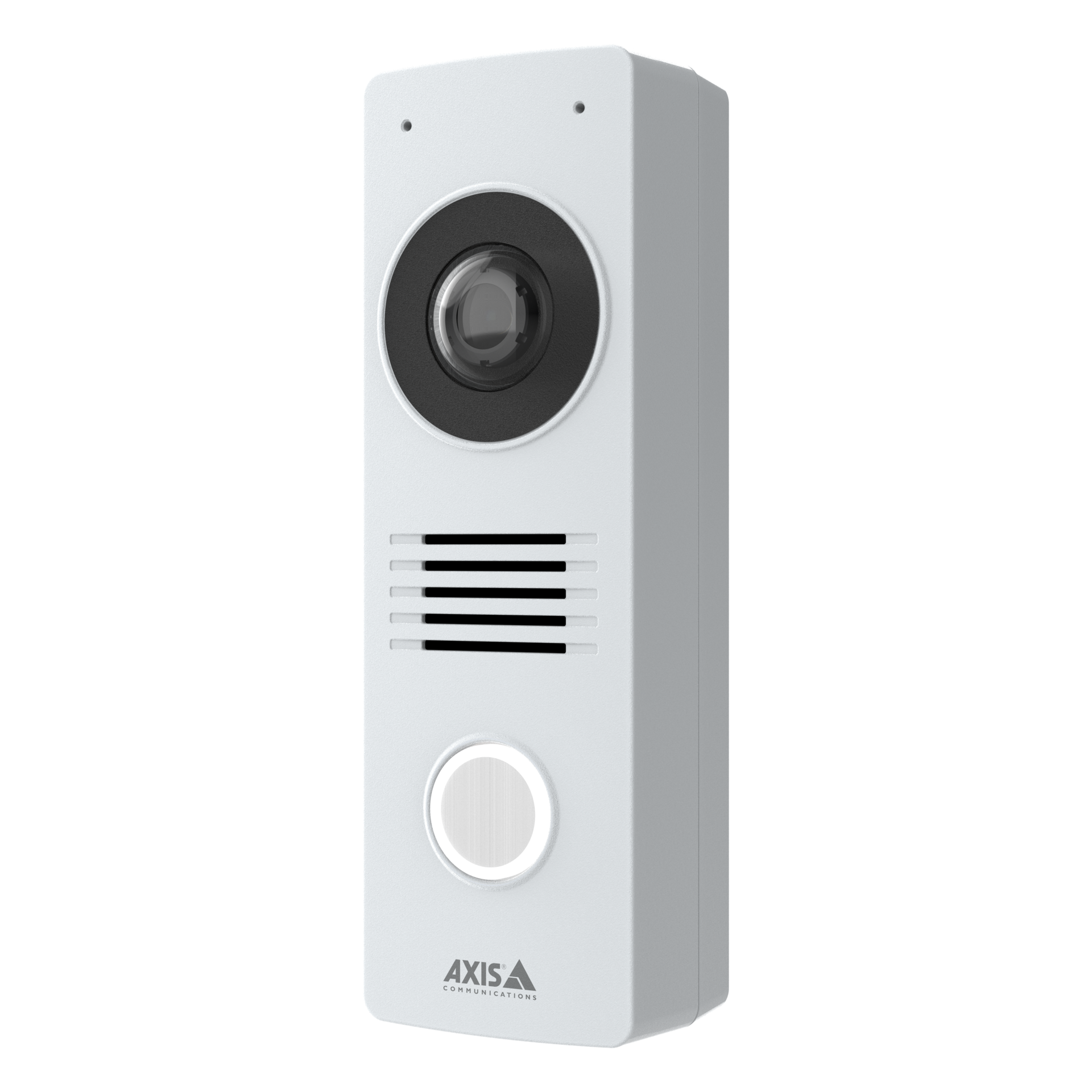 A white AXIS I8116-E Network Video Intercom shown from a slight side angle against a black background, featuring a wide-angle camera lens, horizontal speaker slats, and a circular call button with a white LED ring.