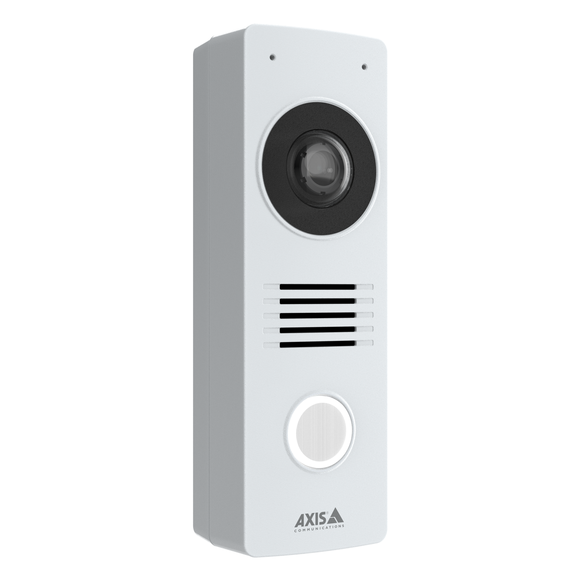 An AXIS I8116-E Network Video Intercom shown from a three-quarter angle, featuring a wide-angle camera lens, speaker grille, and a circular call button.