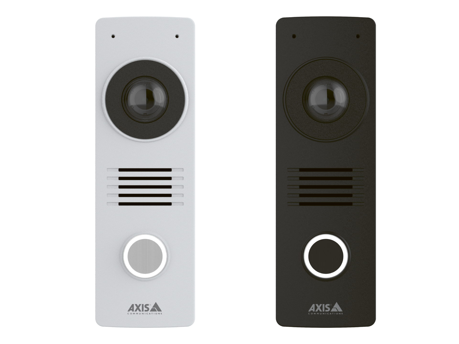 Front view of two AXIS I8116-E Network Video Intercoms side-by-side, one in white and one in black, featuring a camera lens, speaker grille, and illuminated call button.
