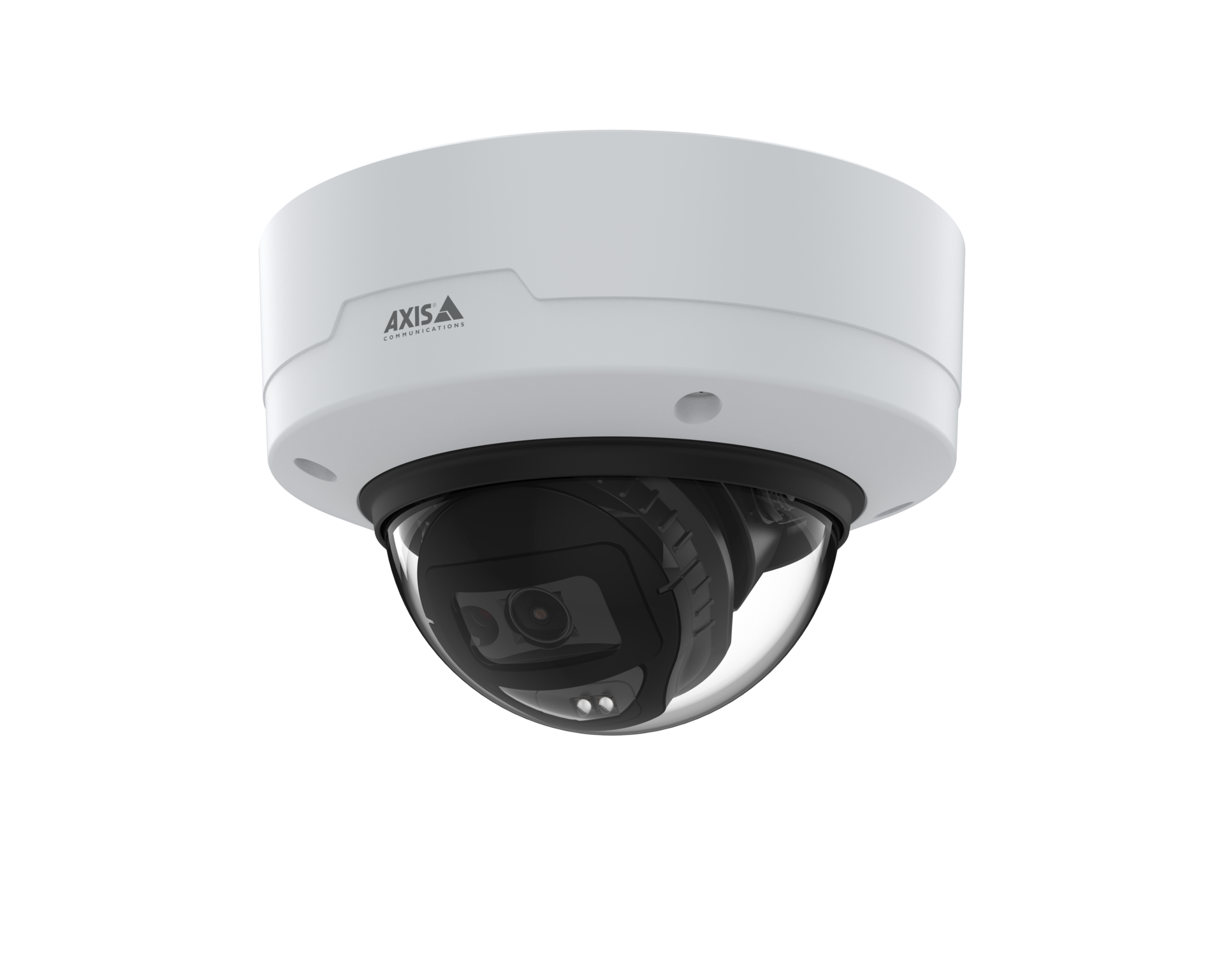 An AXIS M3216-LVE outdoor-ready dome security camera featuring a black lens housing under a clear protective bubble, shown from a bottom-left perspective against a white background.