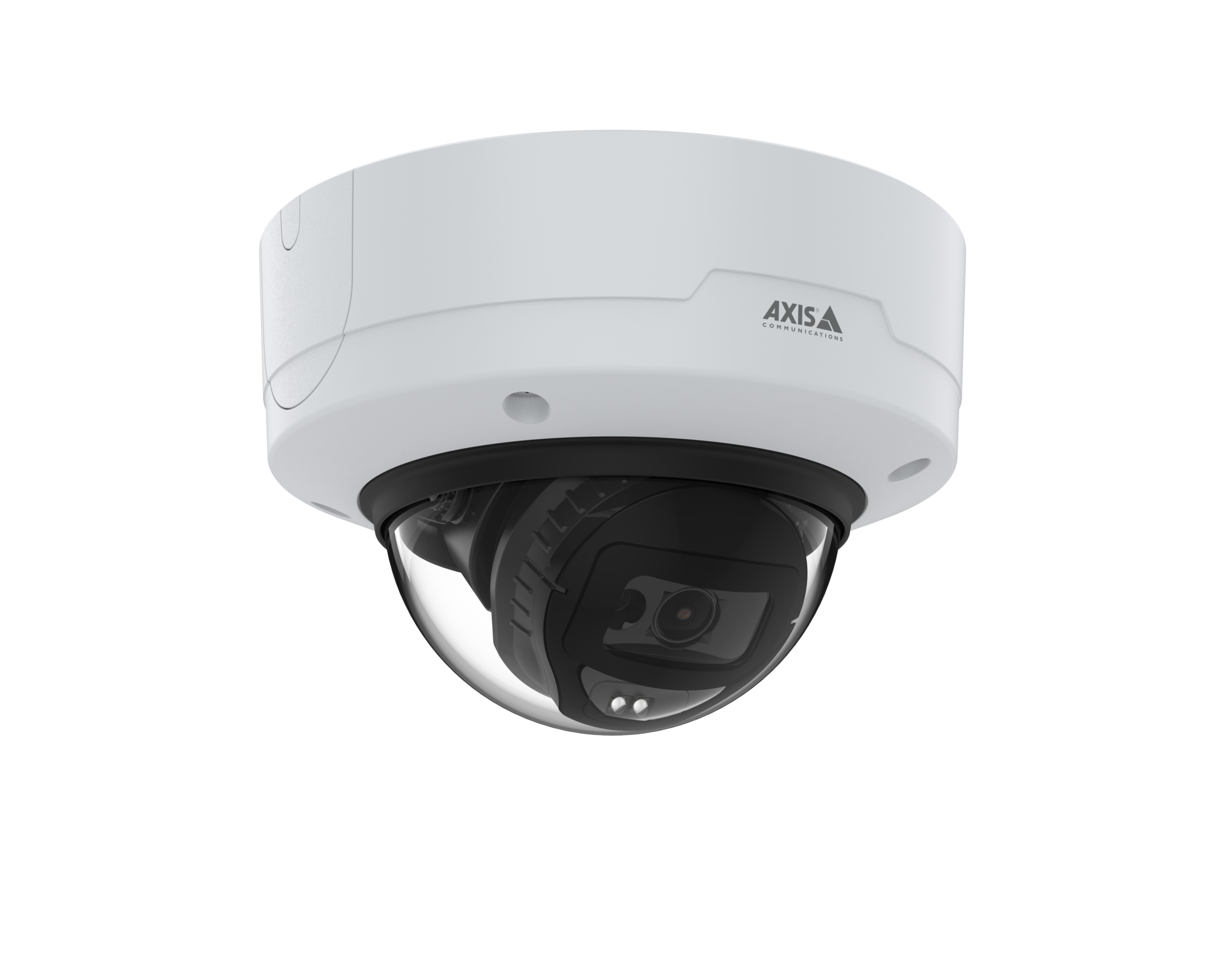 A white AXIS M3216-LVE vandal-resistant dome network camera shown from a bottom-right perspective against a white background.