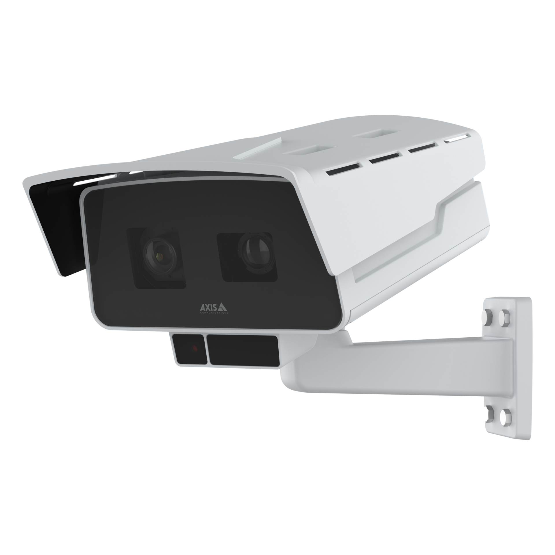 An AXIS P1518-LE outdoor network box camera with a dual-lens face, integrated sunshield, and wall mount, shown from a front-left perspective against a black background.
