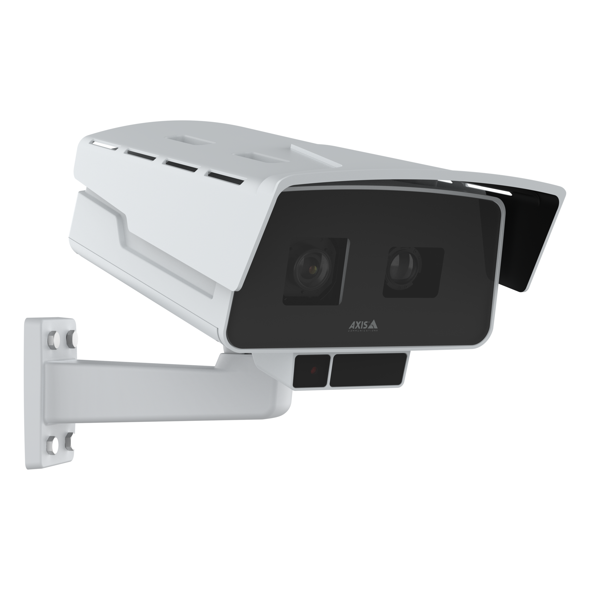 A white AXIS P1518-LE outdoor network box camera mounted on a wall bracket against a black background. The camera features a dual-lens front face with a protective sunshield.
