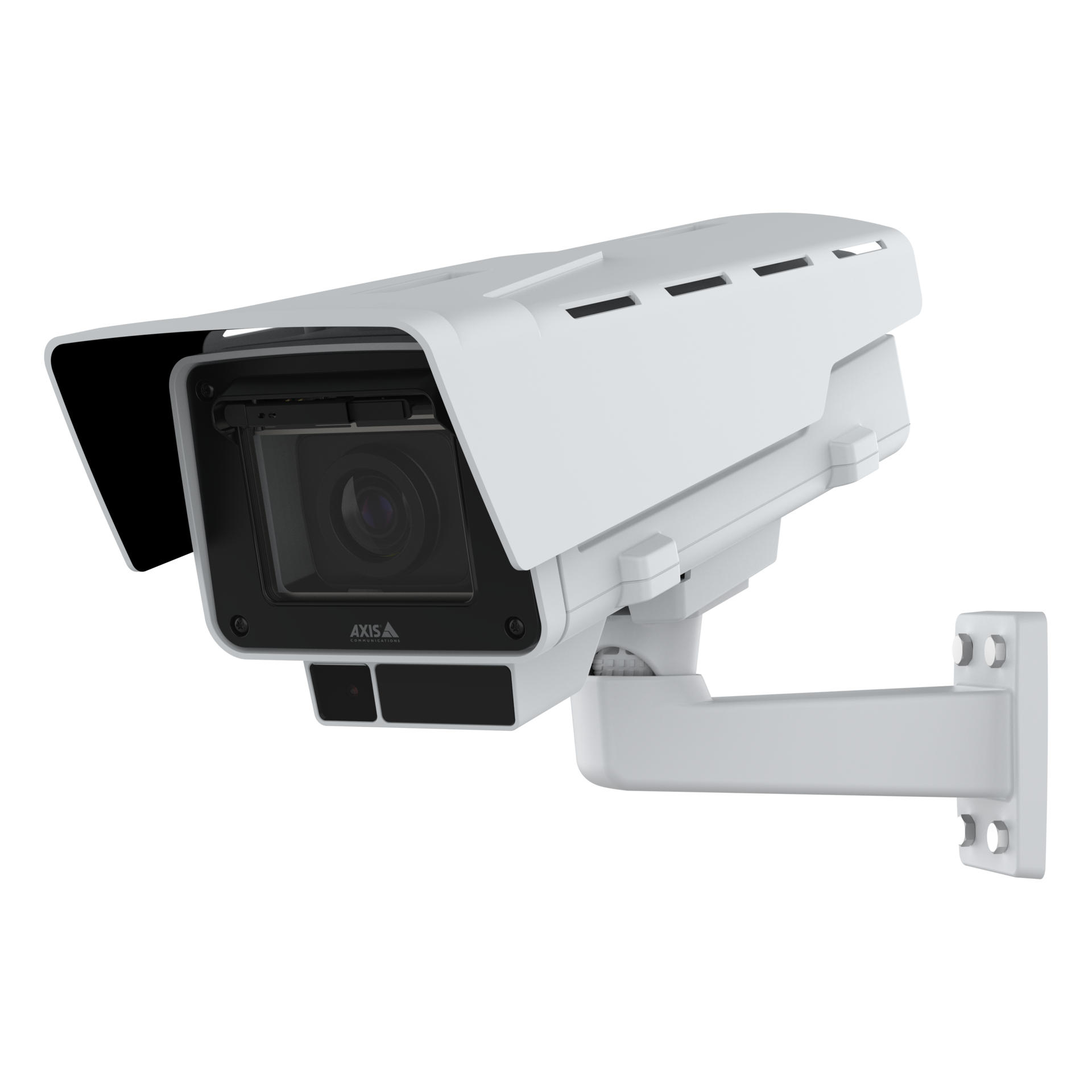 A white AXIS Q1728-LE bullet-style network camera mounted on a wall bracket against a black background.