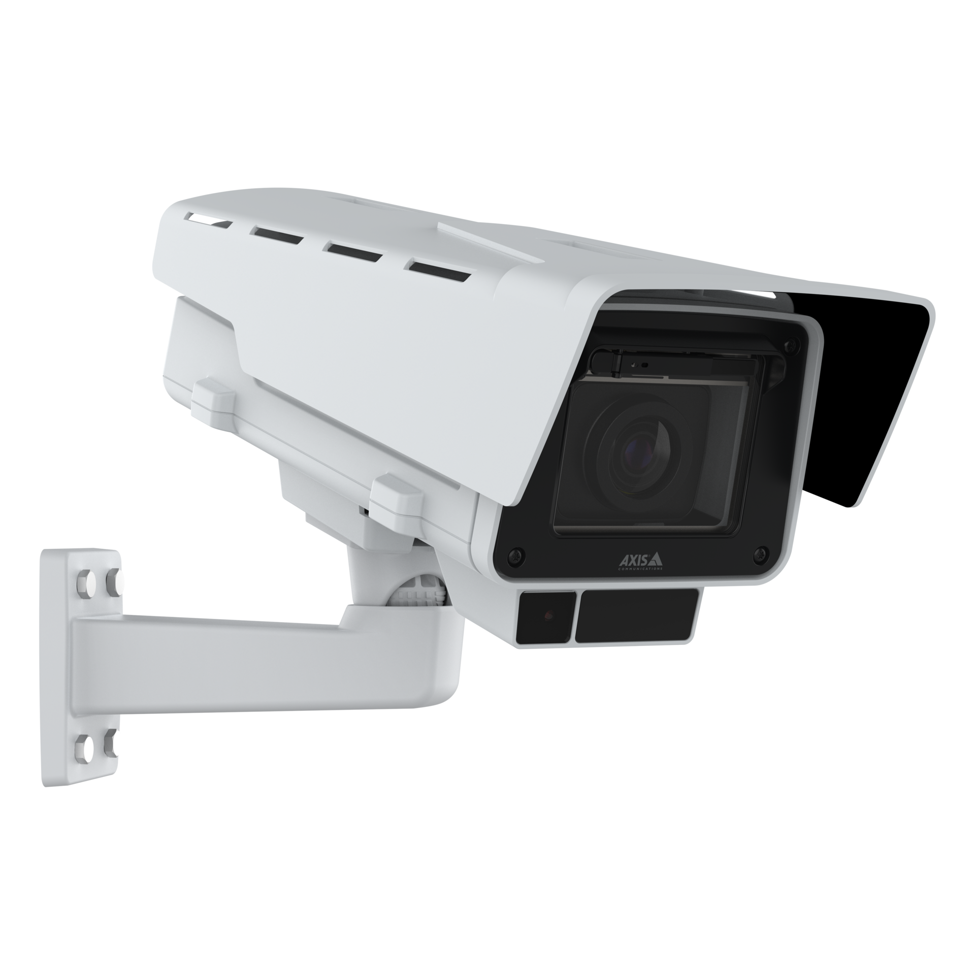 A white AXIS Q1728-LE bullet-style network camera mounted on a wall bracket against a solid black background. The camera features a large sunshield and integrated IR illuminators.