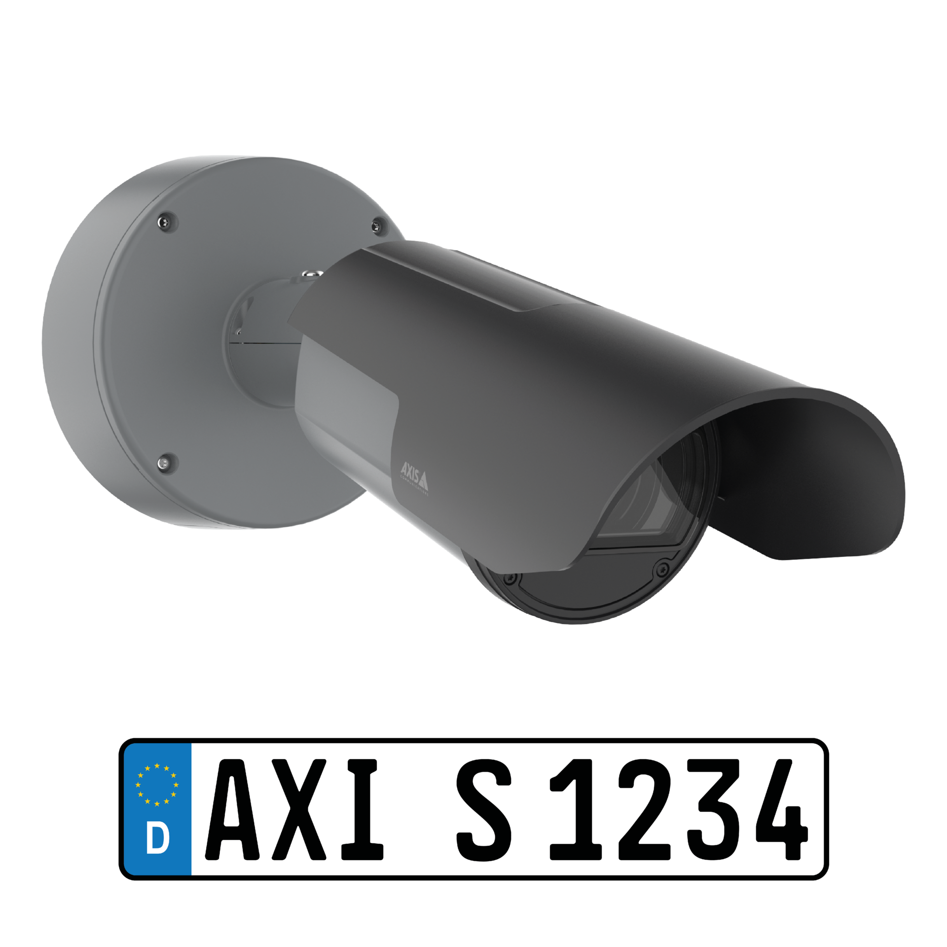 A dark grey AXIS Q1800-LE bullet camera mounted on a wall bracket, shown from a side angle above a sample German license plate reading AXI S 1234.