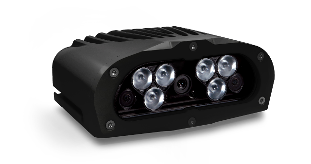 A black Genetec AutoVu SharpZ3 mobile ALPR camera with a ruggedized exterior, featuring multiple lenses and integrated illuminators for high-speed license plate recognition.