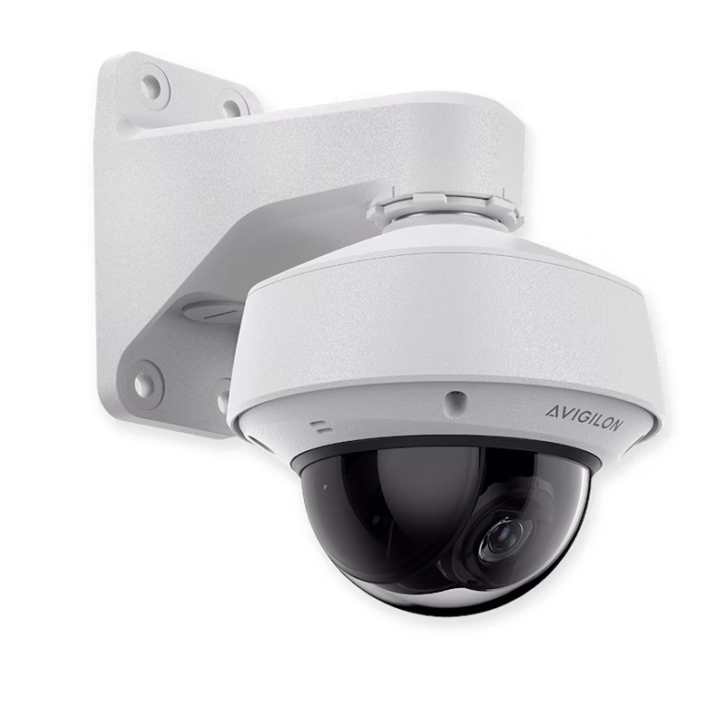An Avigilon H6A outdoor dome security camera attached to a matching white pendant wall mount arm. The camera features a clear dome bubble housing a black lens assembly, with the Avigilon logo visible on the side of the white camera body.