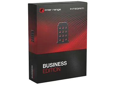 3D product box for Inner Range Integriti Business Edition security management software, featuring a red and black design with a building icon.
