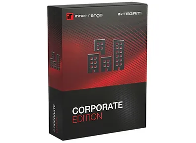 Product box for Inner Range Integriti Corporate Edition software, featuring a black and red gradient design with gray building icons and bold white and red text.