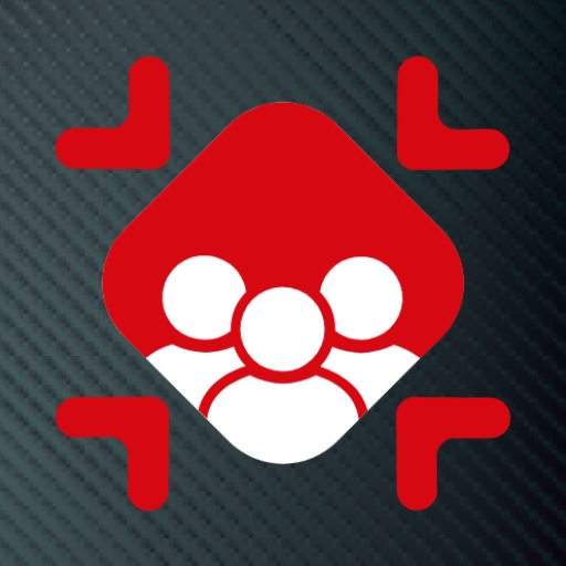 App logo for Inner Range Muster Point featuring a red diamond containing three white human figures, surrounded by four red corner brackets on a dark, textured carbon-fiber background.