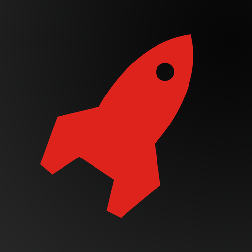 A minimalist red rocket ship icon angled diagonally upward against a dark charcoal grey background.