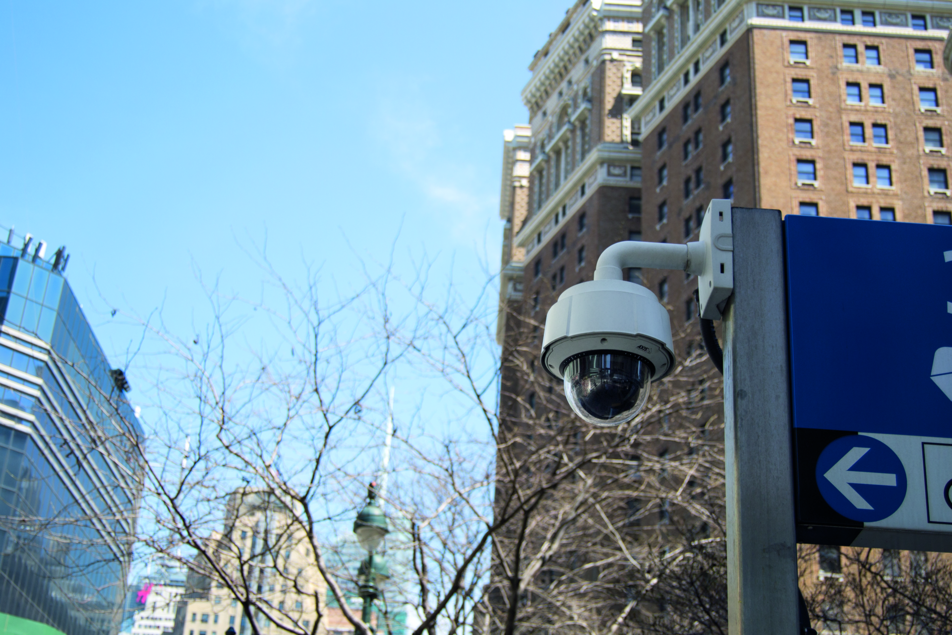 An AXIS Q60 Series PTZ dome camera mounted on a street pole in New York City, with a blue directional sign, bare winter trees, and tall brick and glass buildings visible against a clear blue sky.