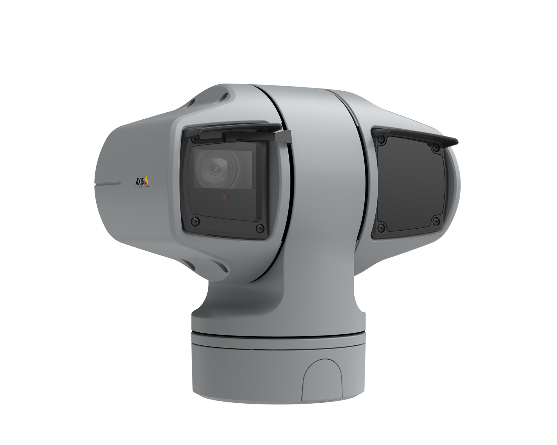 AXIS Q6225-LE PTZ camera shown from a right-angle perspective, featuring a dual-sensor housing with visible optical lens and thermal module, mounted on a pan-tilt base.