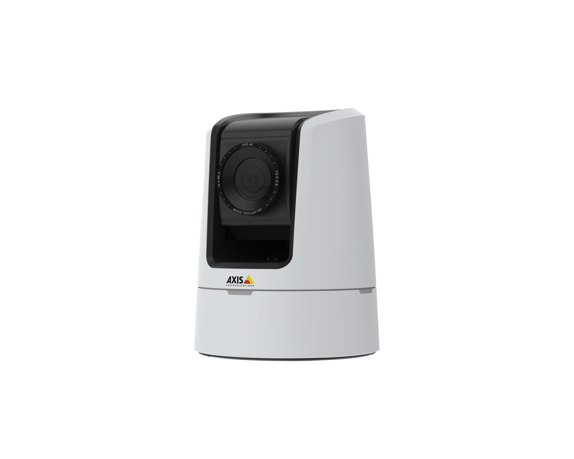 AXIS V5938 PTZ network camera in white, shown from a left angle view, featuring a large UHD 4K lens with 20x optical zoom and the AXIS Communications logo on the body.