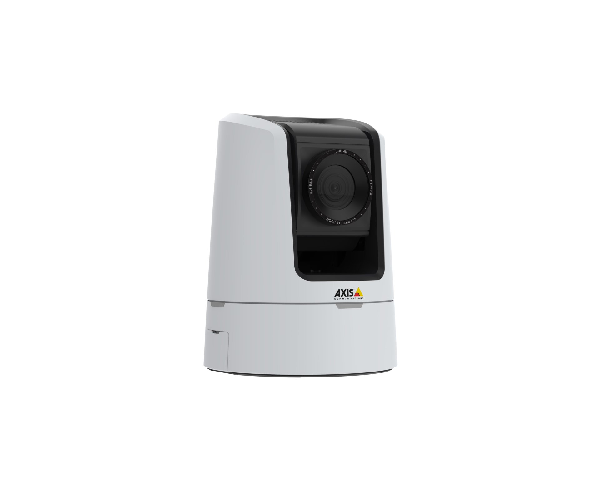 AXIS V5938 PTZ network camera in white, shown from a right-angle perspective with 20x optical zoom UHD 4K lens visible.