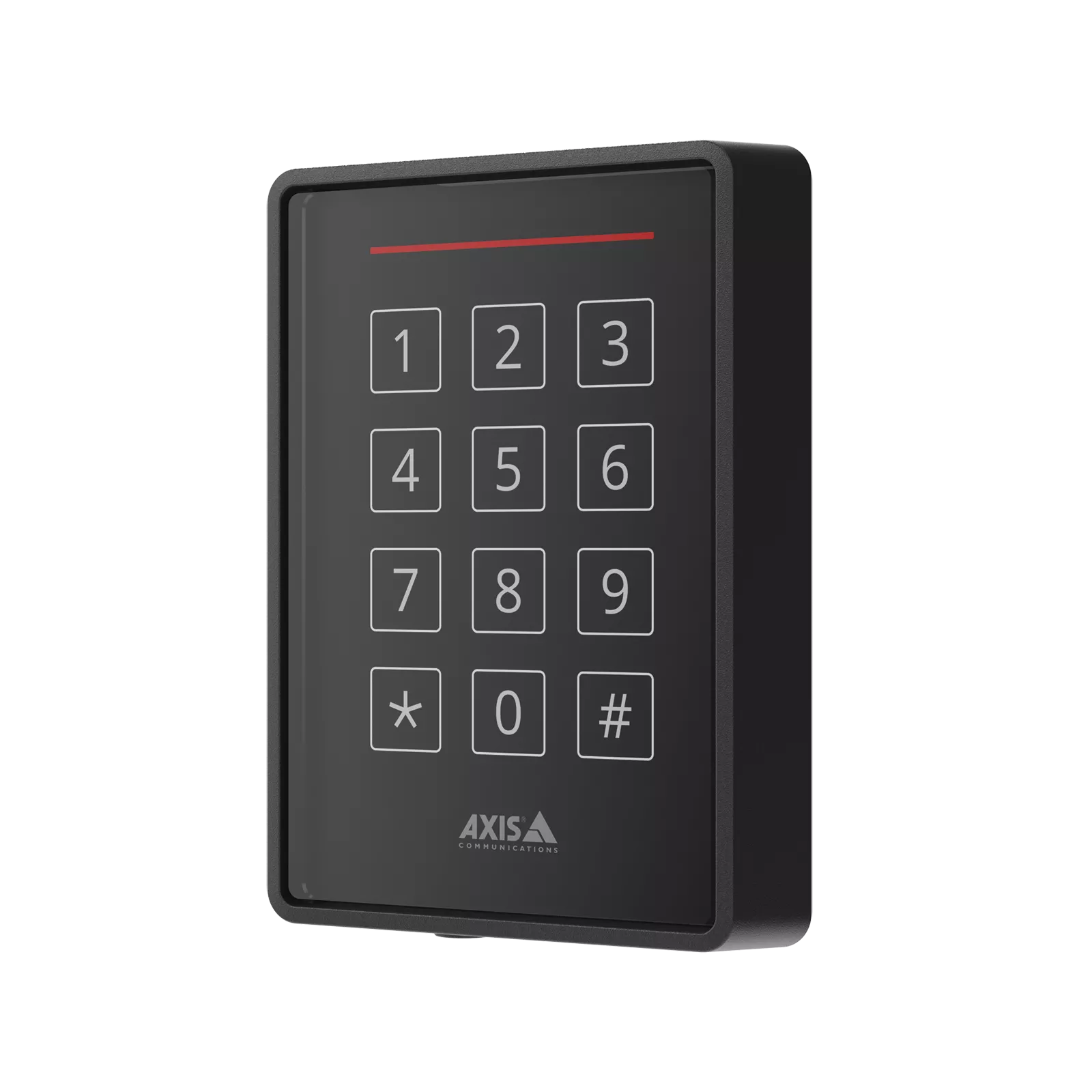 A sleek, black AXIS network door controller with a backlit touch keypad featuring numbers 0-9, asterisk, and pound symbols under a red status light bar.