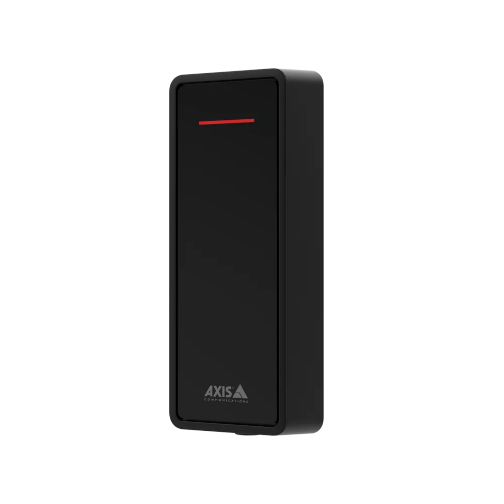 Angled view of a black AXIS A4020-E reader featuring a slim mullion design and a glowing red LED status indicator at the top.