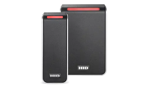 Two HID Signo access control readers, models 20 and 40, displayed side-by-side. The devices feature a sleek black finish with silver trim and a red LED status bar at the top.