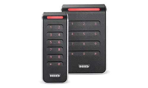 Two black HID Signo keypad card readers of different sizes, featuring backlit keys and a red LED status bar at the top, shown against a white background.