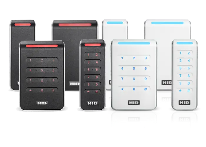 A collection of HID Signo door readers in various sizes and colors, featuring both keypad and non-keypad models in black and white finishes with illuminated status bars.