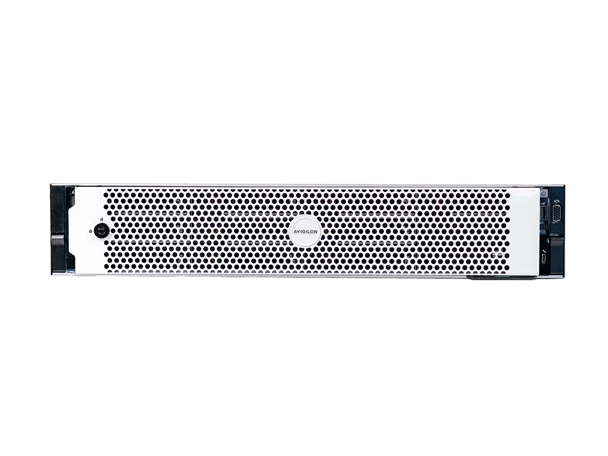 Front view of a rack-mounted Avigilon AI Appliance 2X featuring a white perforated security bezel.