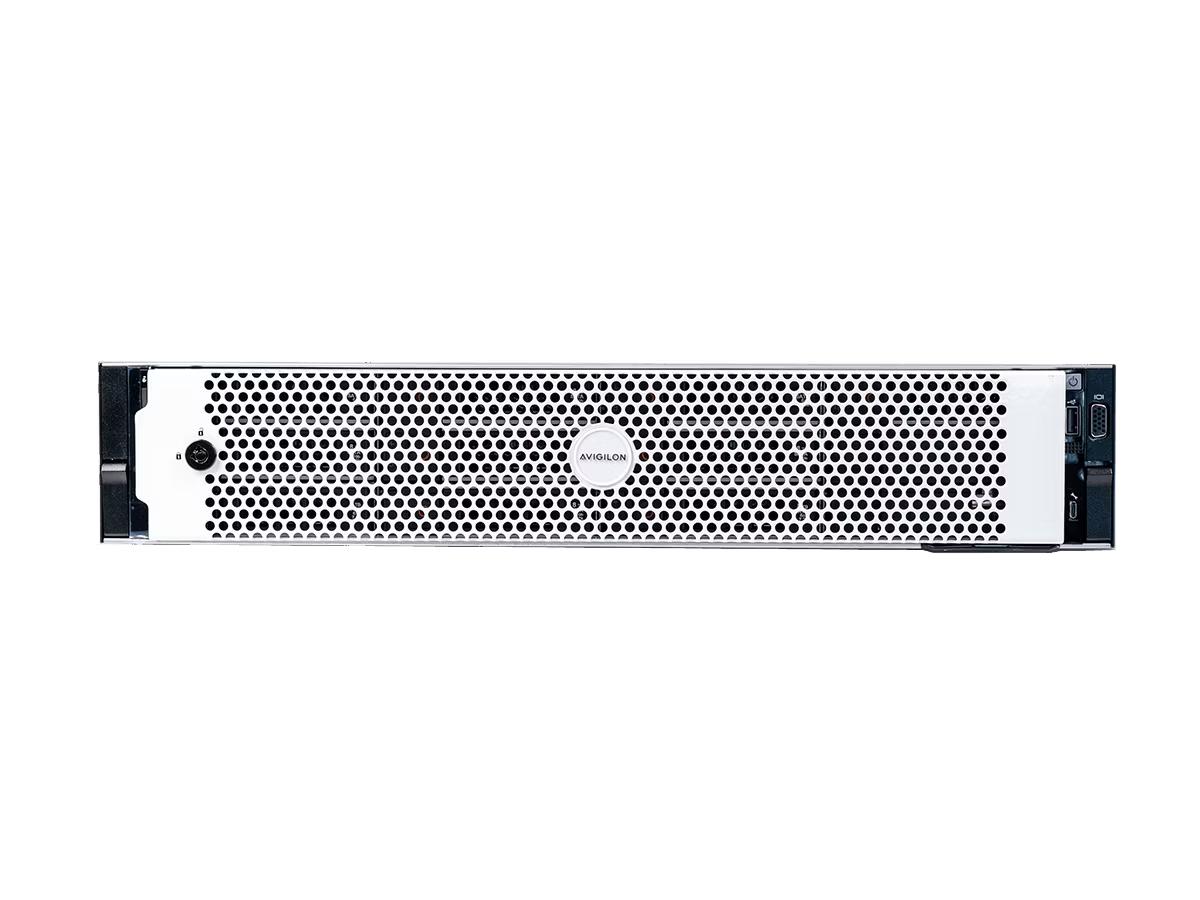 Front view of an Avigilon AI NVR 2 server appliance showing its white perforated bezel, central logo, and right-side control panel with USB and VGA ports.