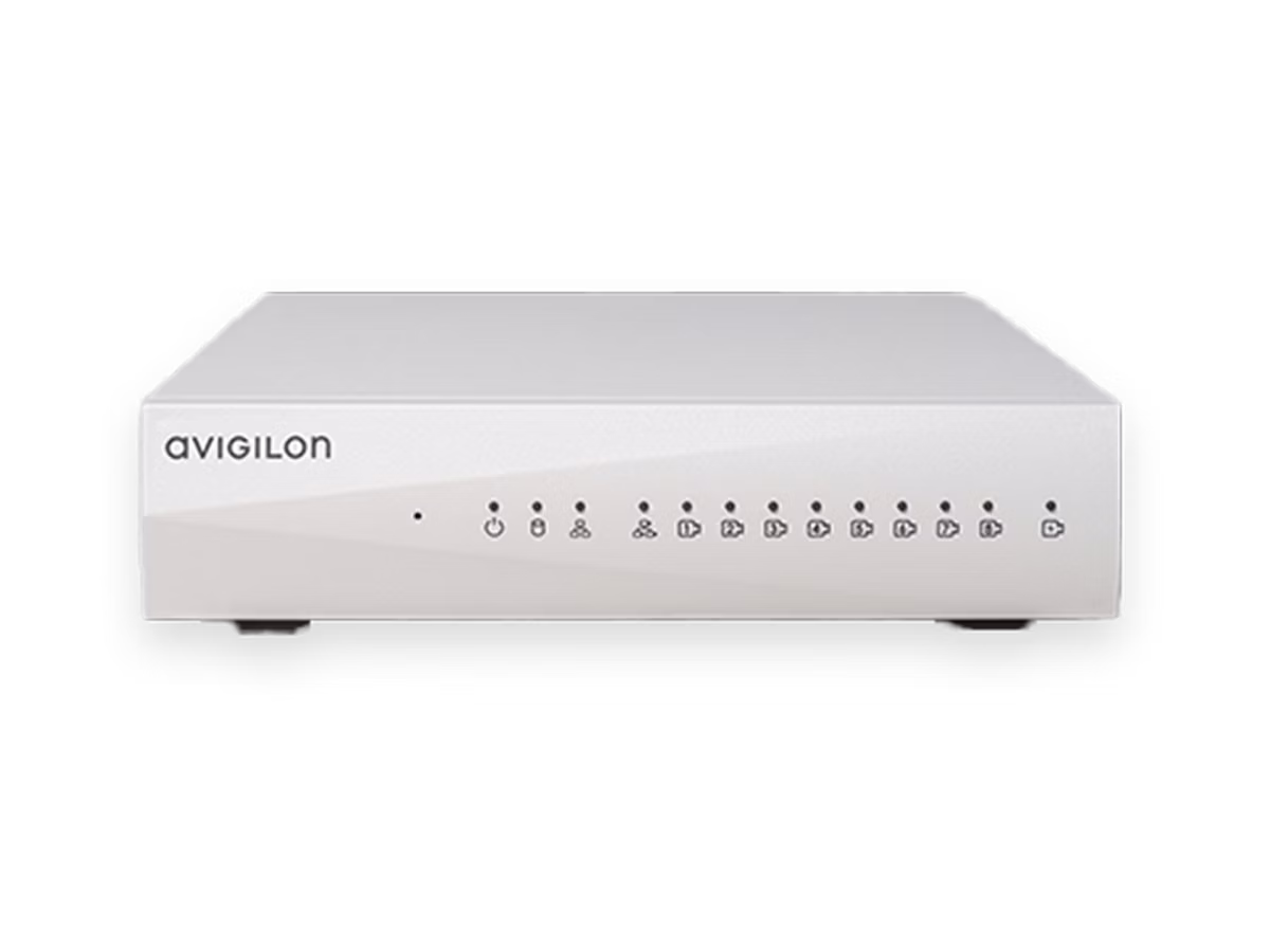 Front view of a white Avigilon ENVR2 Plus appliance showing the brand logo and a row of LED status indicator lights.