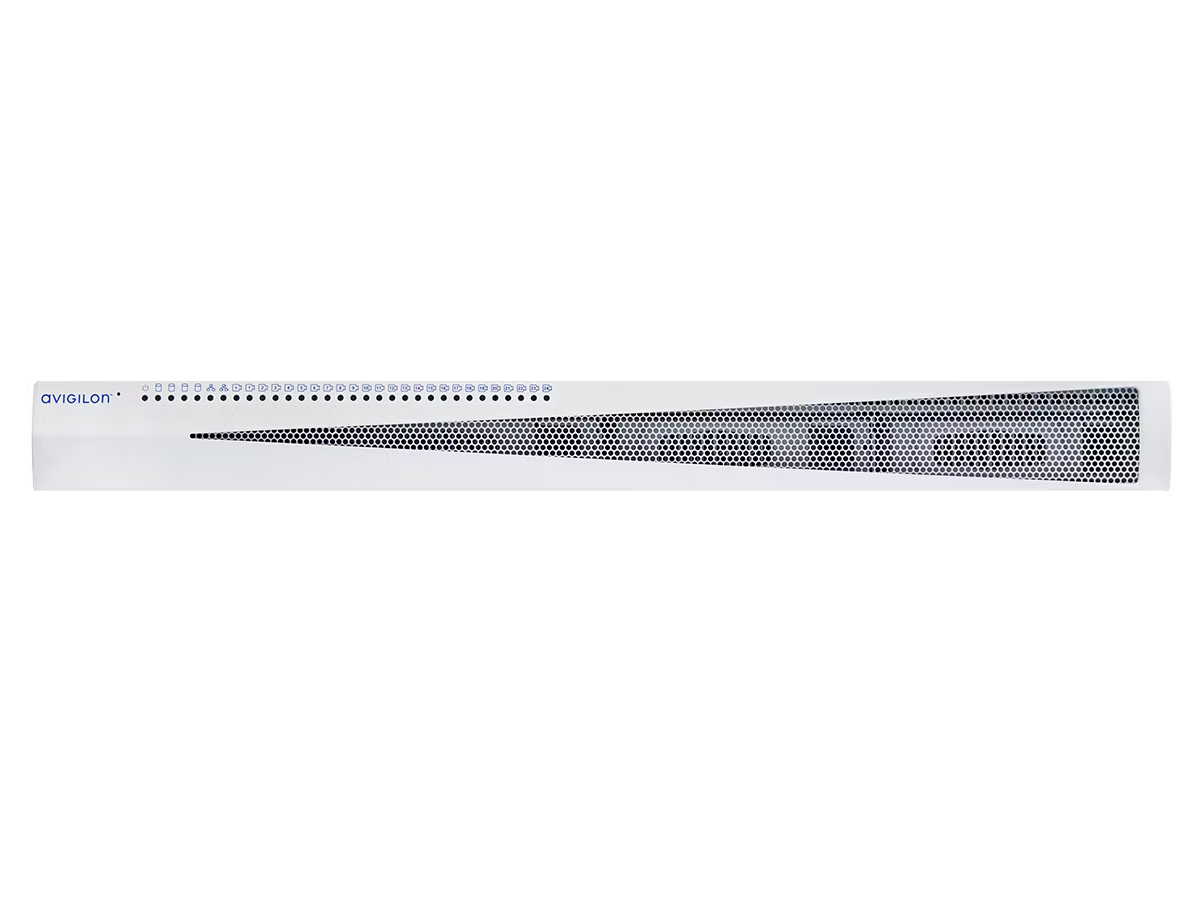 Front view of a white Avigilon HD Video Appliance showing the brand logo, a row of LED status indicators, and a stylized, tapered ventilation grille.