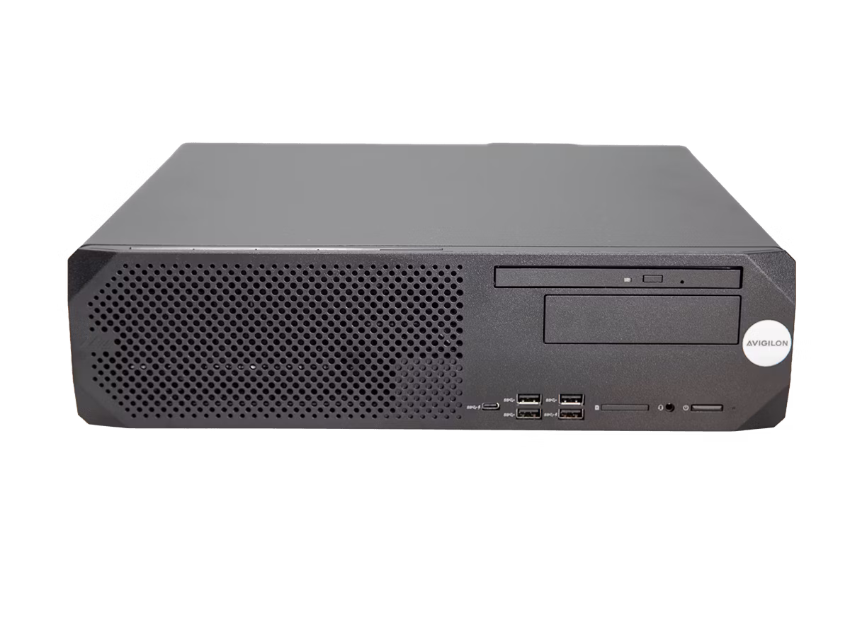 Front view of a black Avigilon workstation computer showing a ventilation grille, an optical drive, and a front I/O panel with multiple USB ports.