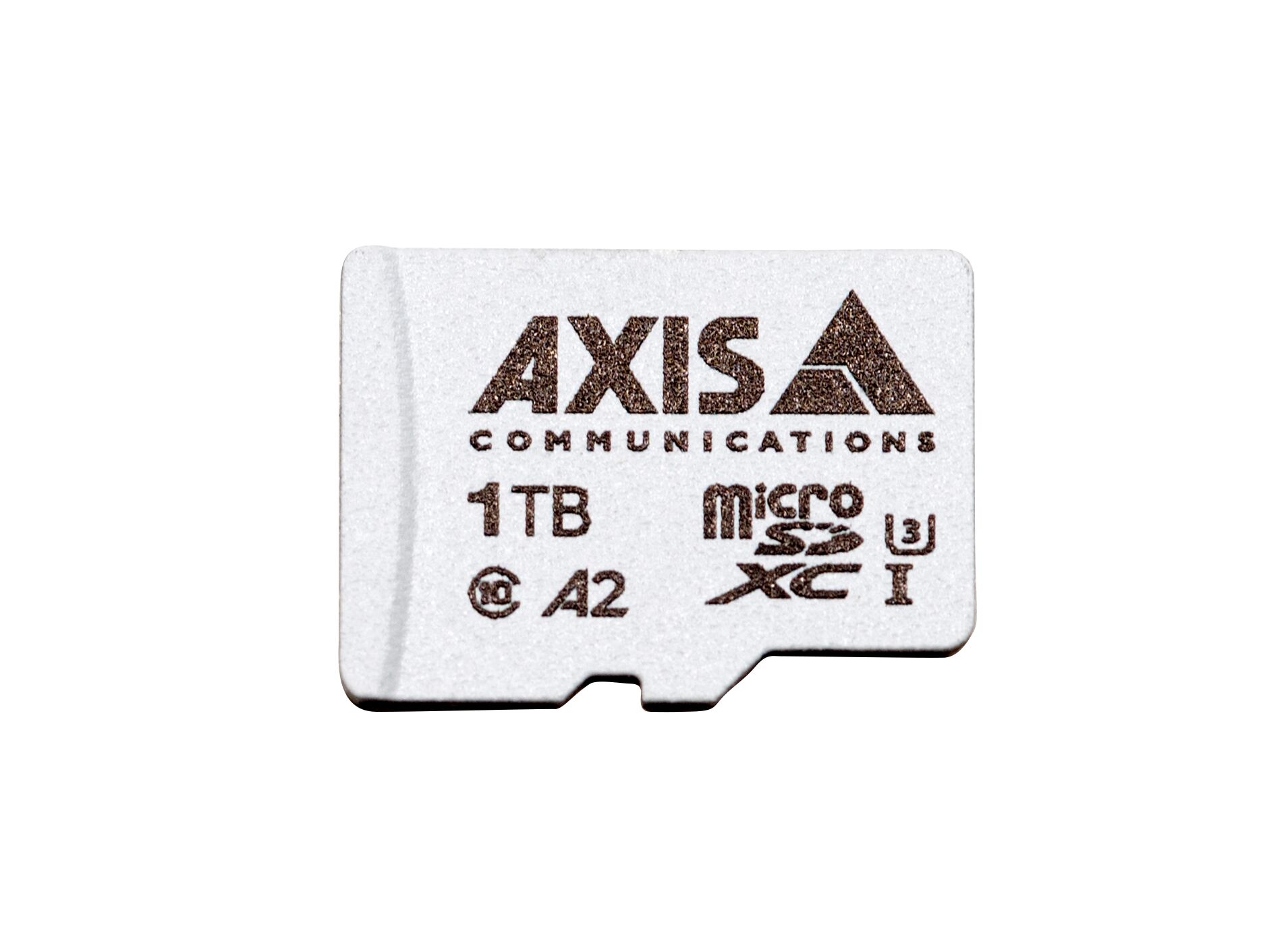 Close-up of an AXIS 1TB surveillance microSDXC card.