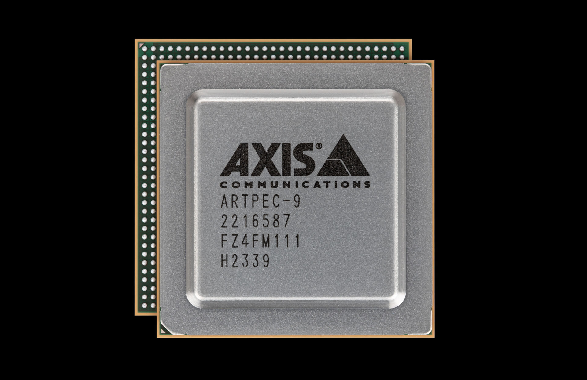 Close-up of the AXIS Communications ARTPEC-9 deep learning processing unit microchip.