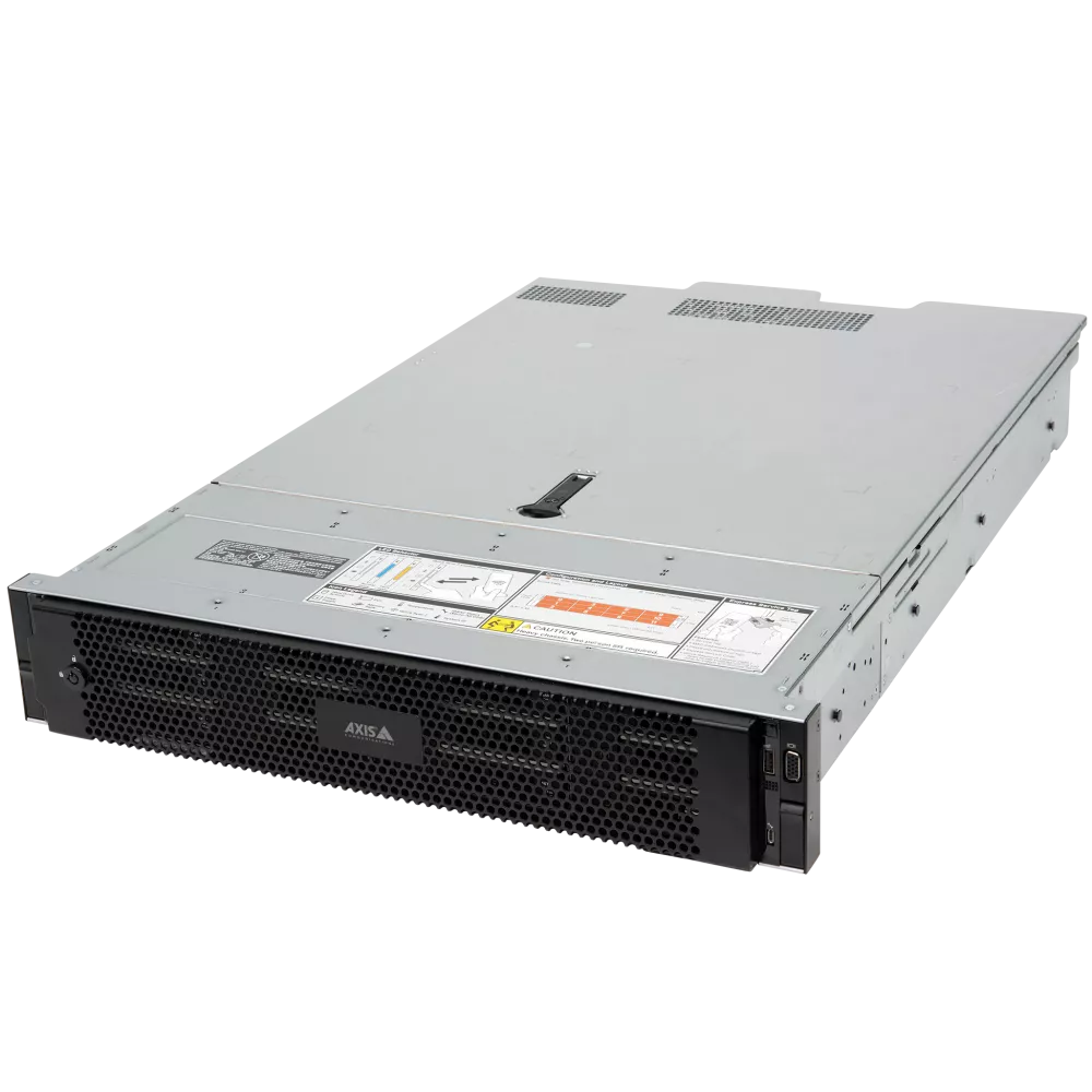 AXIS Camera Station S1296 Rack Recording Server — front-left angle view showing 2U rackmount chassis, honeycomb ventilation panel, and AXIS branding
