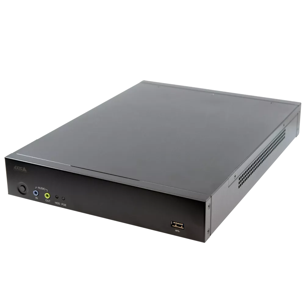 AXIS Camera Station S2108 recording appliance shown from a left angle, featuring a black desktop form factor with front-panel audio in/out ports, HDD and PoE status indicators, and a USB port.