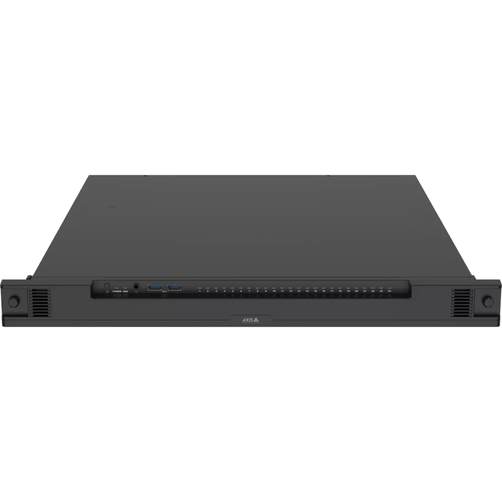 Front view of the AXIS Camera Station S2224 Mk II rack appliance, a 1U rackmount NVR with 24 drive bays, dual USB 3.0 ports, and AXIS branding on the front panel.
