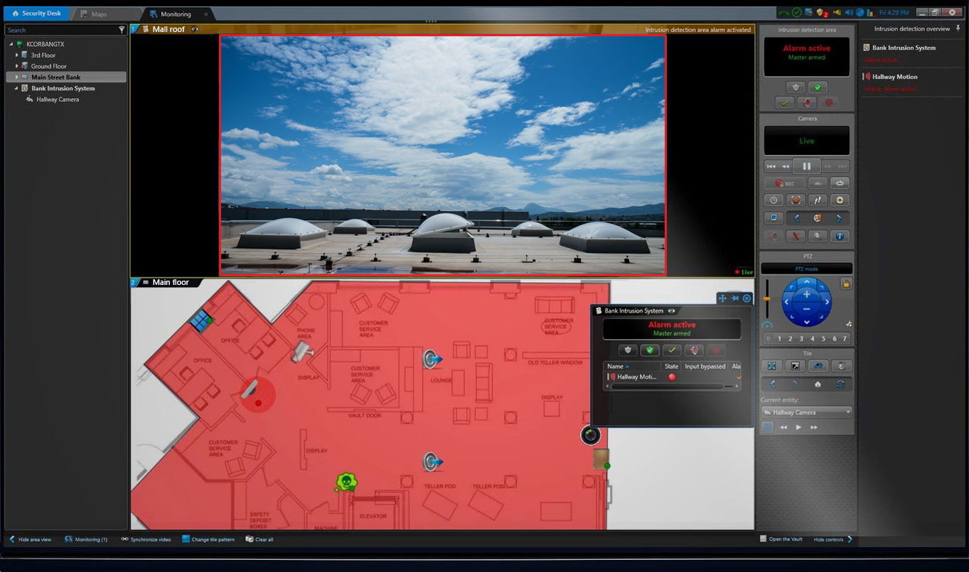 Genetec Security Desk interface displaying restricted security area surveillance with an active alarm mapped on a digital floor plan and a live camera feed.