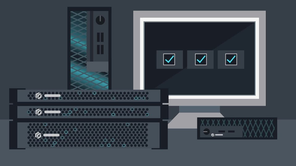 A stylised illustration of Genetec Streamvault hardware, featuring a stack of three rackmount servers, a tower workstation, a compact appliance, and a computer monitor displaying three blue checkmarks.