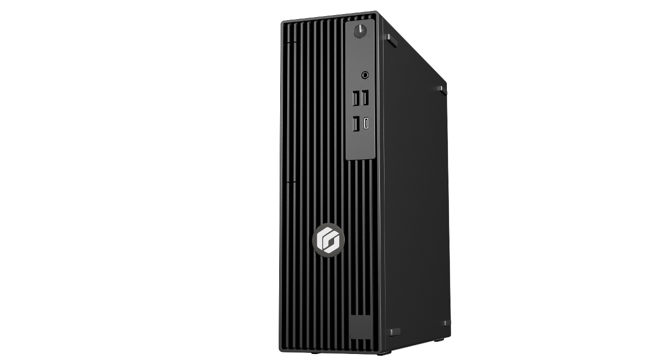 A black Genetec SV-300E computer tower viewed from an angle. The front panel features vertical slats, a central logo, and a top-right I/O panel containing a power button, an audio jack, two USB-A ports, and one USB-C port.