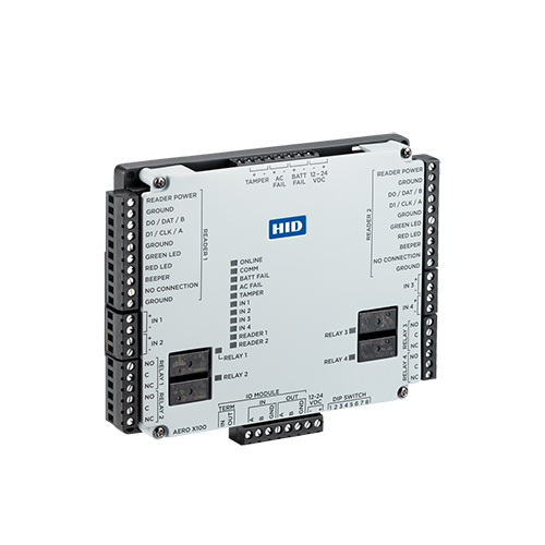 HID Aero X100 door interface expansion module featuring multiple terminal blocks for reader power, ground, and relay connections, with labeled status LEDs and DIP switches on a light gray housing.
