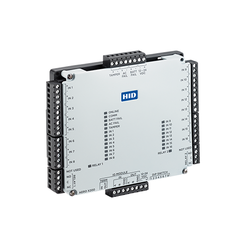 HID Aero X200 input/output expansion module featuring 16 supervised input points, 2 relay outputs, and status LED indicators on a light gray industrial housing.