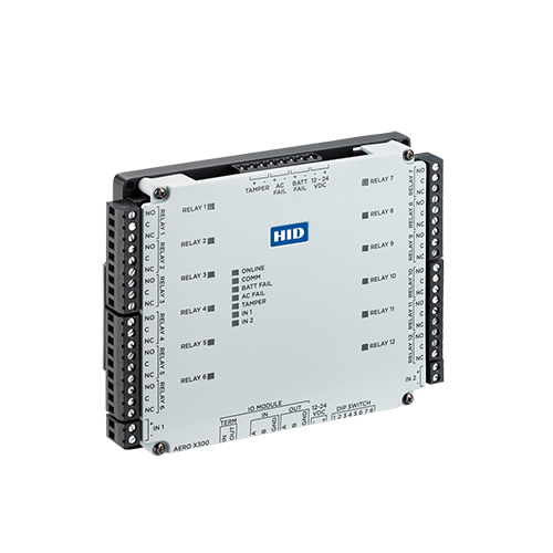 HID Aero X300 Output Control Module featuring 12 Form-C relays, status LEDs, and terminal blocks for security and access control integration.