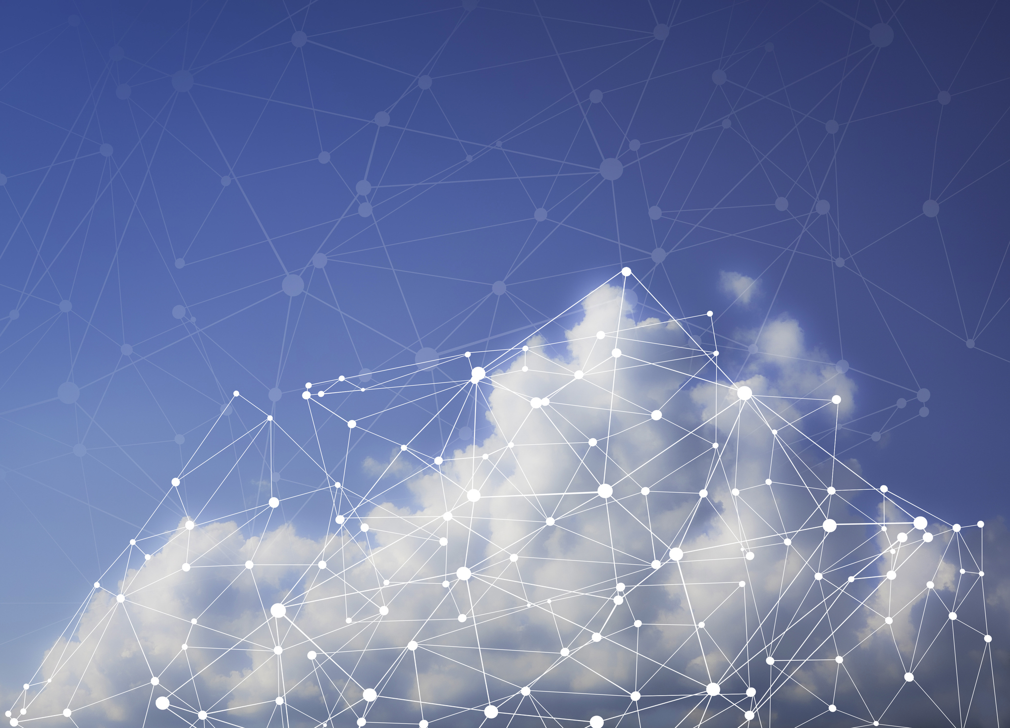 Abstract white network mesh superimposed over a white cloud against a blue sky, representing hybrid cloud connectivity for security systems.