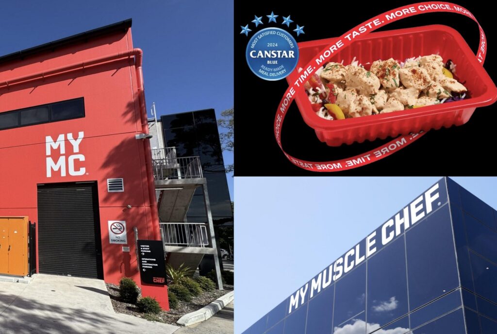 Collage showing My Muscle Chef's red industrial facility, a ready-made chicken meal with a 2024 Canstar Blue award badge, and the company's modern blue glass headquarters.