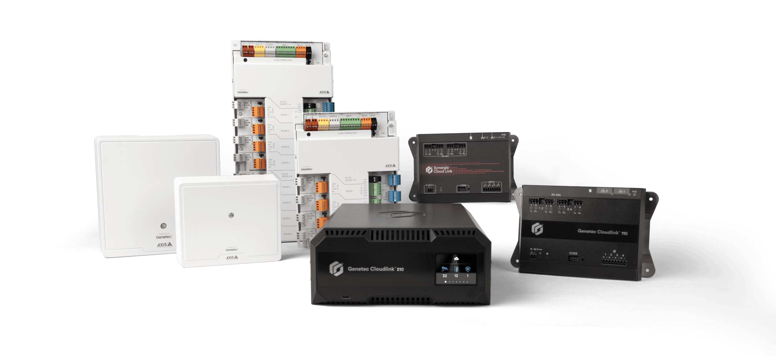 A product group shot of Genetec access control hardware on a black background, including the Genetec Cloudlink 310, Cloudlink 110, Synergis Cloud Link, and Axis network door controllers.