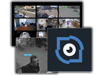 Multiple security camera feeds on a VMS dashboard, including one demonstrating employee detection with a pixelated face for privacy, alongside the Nx Witness logo.