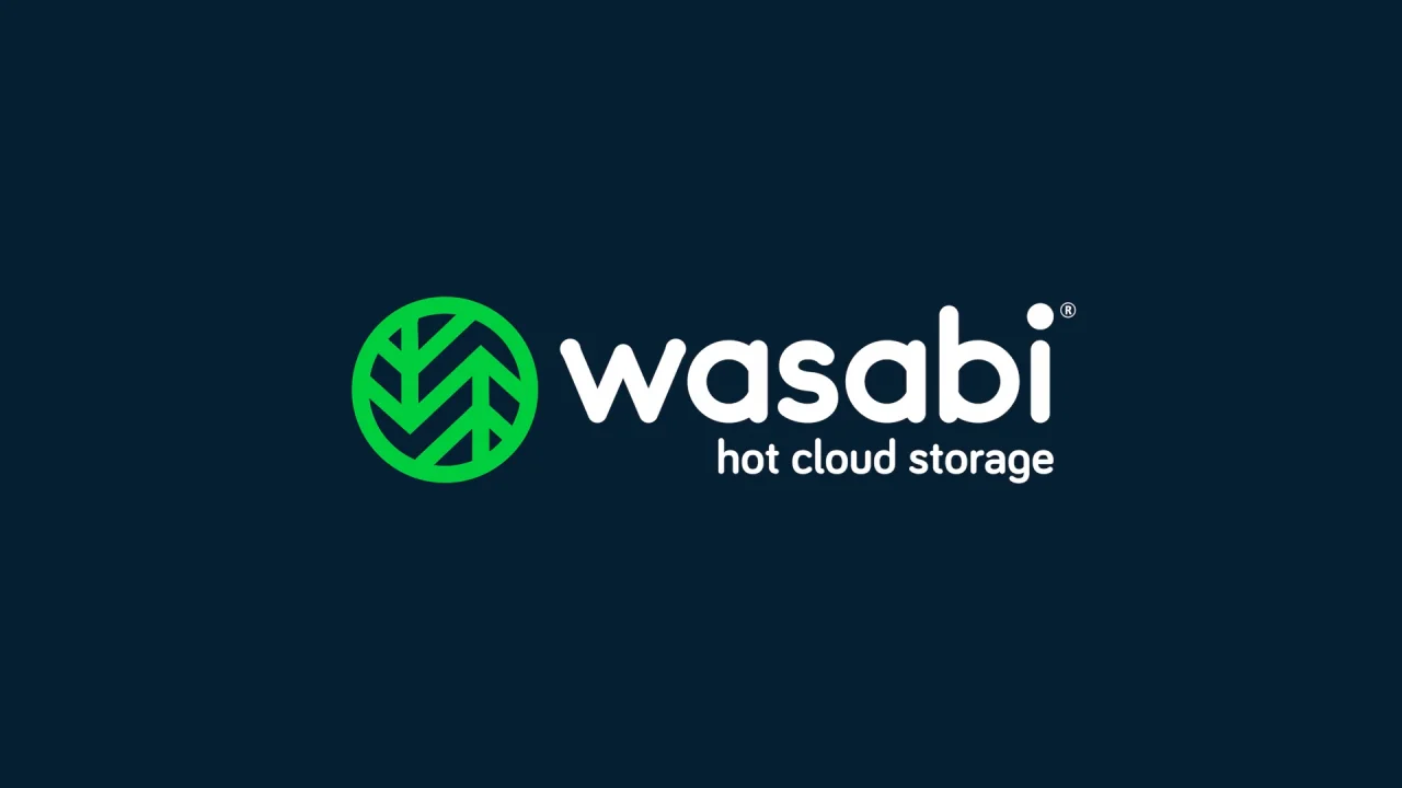 Wasabi Hot Cloud Storage company logo featuring a green geometric icon and white text on a dark blue background.