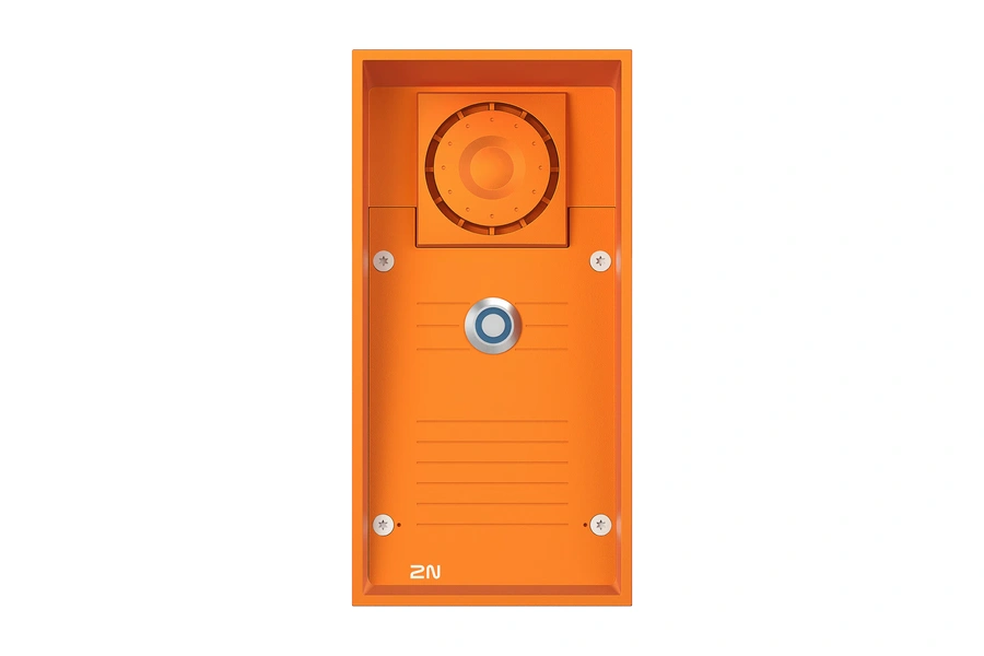 Front view of a bright orange AXIS 2N IP Safety intercom featuring a central silver call button, a circular speaker grille at the top, and four security screws.